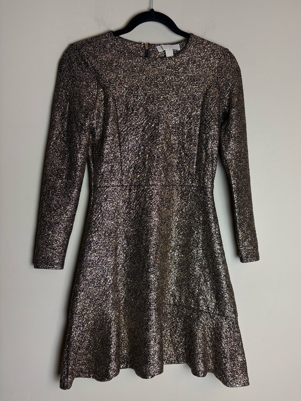 Michael Kors Gold Black Foil Knit Flounce Fit & Flare Long Sleeve Dress Sz P